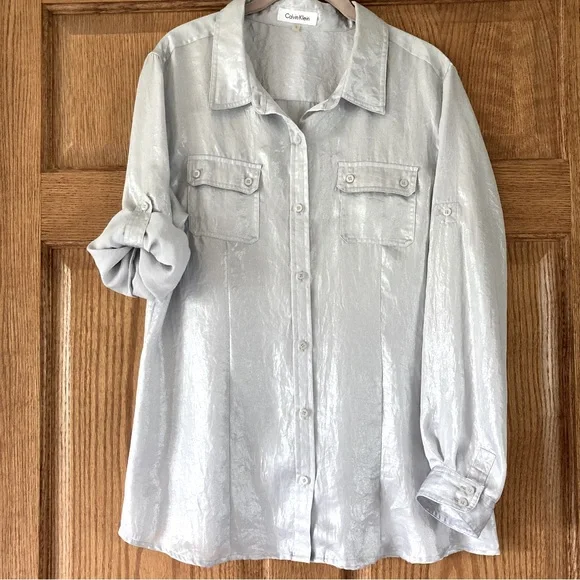 Calvin Klein Silvery Gray Button-up Shirt Large - Picture 2 of 7